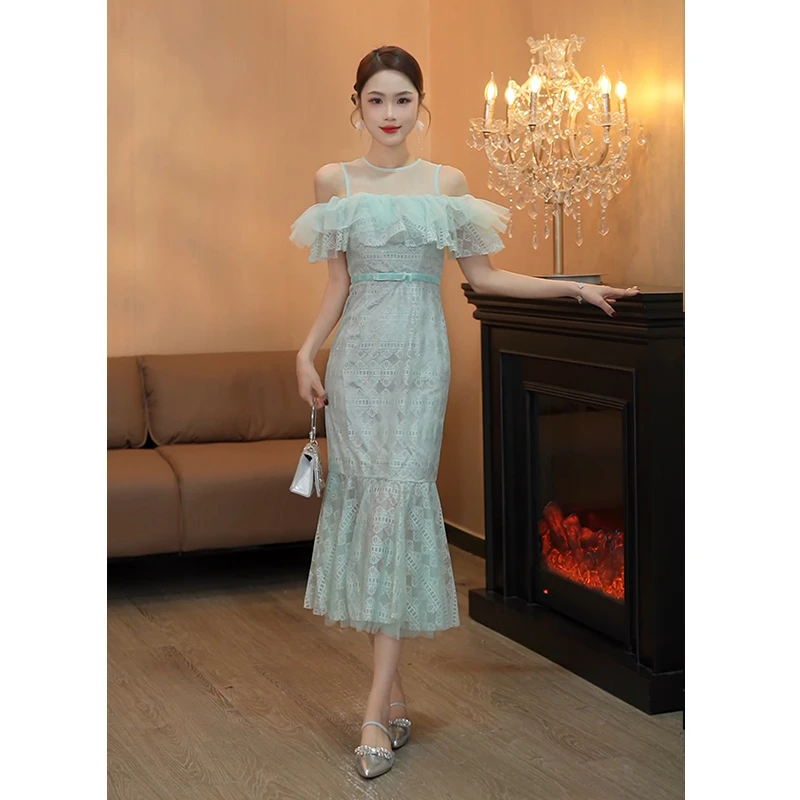 3241夏季上新优雅露肩网纱拼接鱼尾群连衣裙