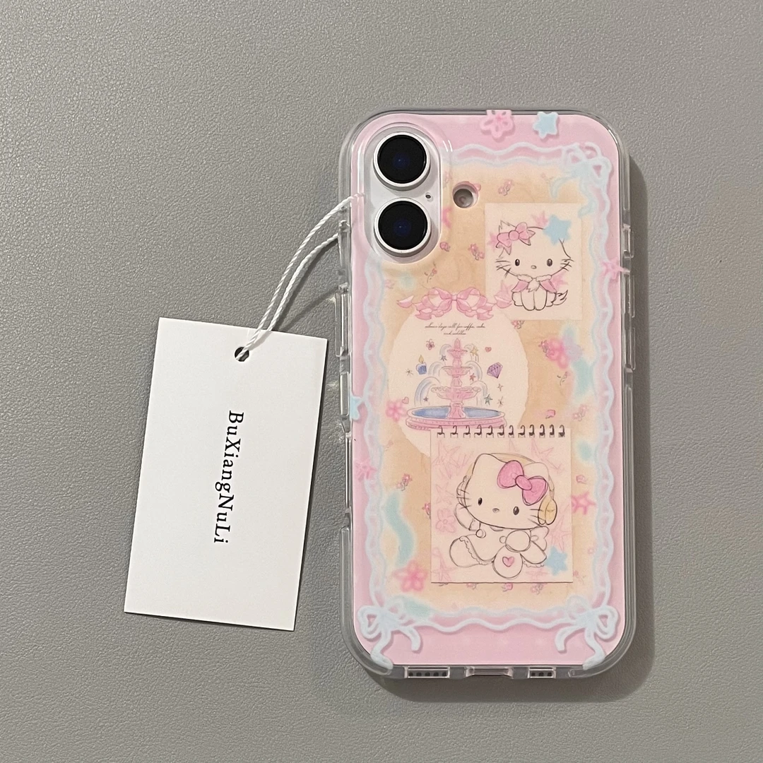 粉底蕾丝围边喷泉素描kitty猫适用苹果16手机壳iPhone15全包14/13