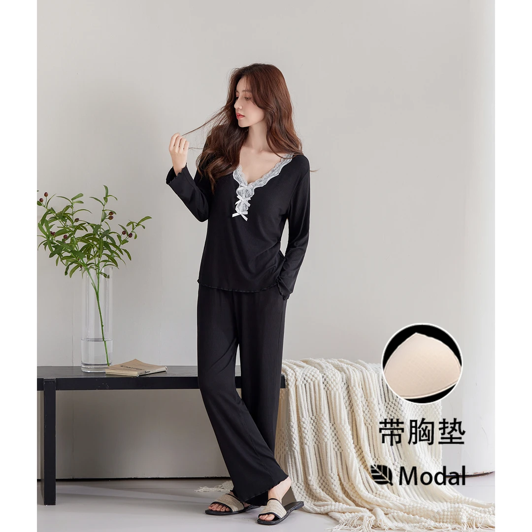 带胸垫睡衣女2025新款长袖家居服套装春秋季高级感可外穿花边大码