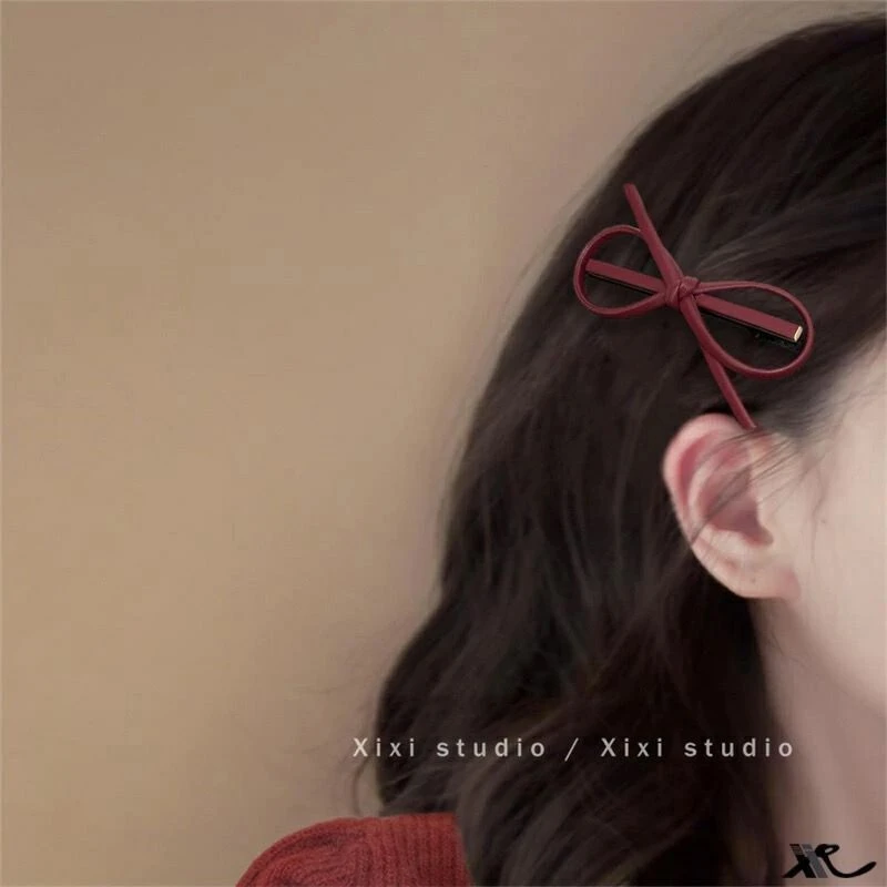 皮质蝴蝶结发夹边夹鸭嘴夹一字夹甜美纯色减龄发饰女刘海夹发卡