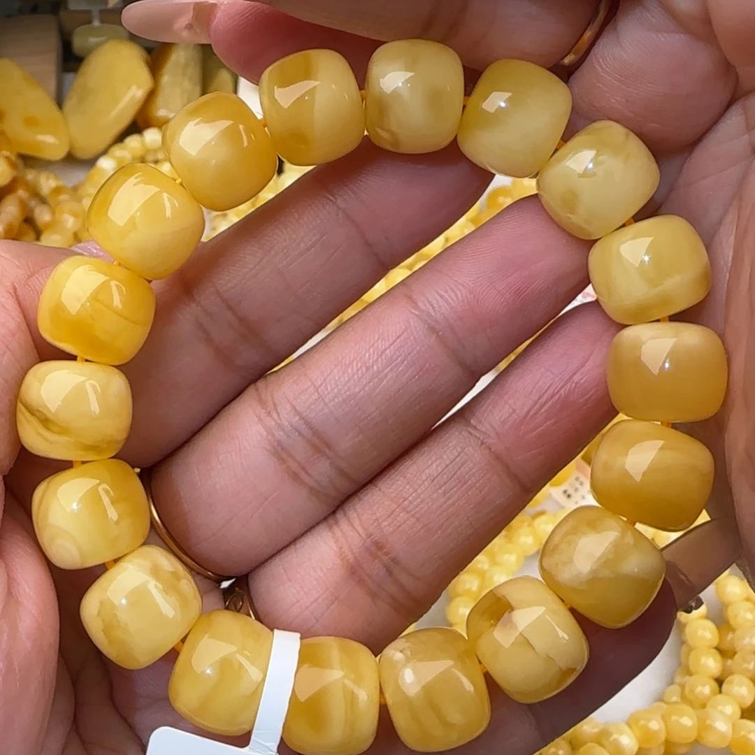 蜜蜡未镶嵌手链黄白花老型手串
