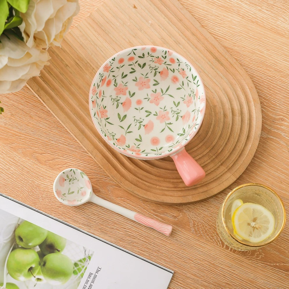 十里桃花系列高颜值甜品碗沙拉碗手柄汤碗面碗长柄勺子套装