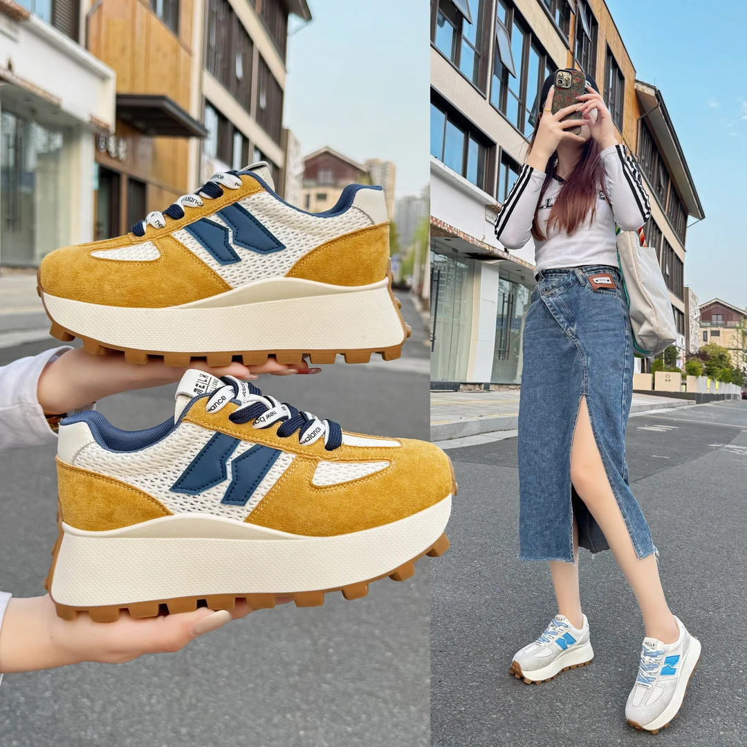 2025系带运动风拼色透气时尚休闲鞋复古女鞋厚底时尚运动鞋夏季