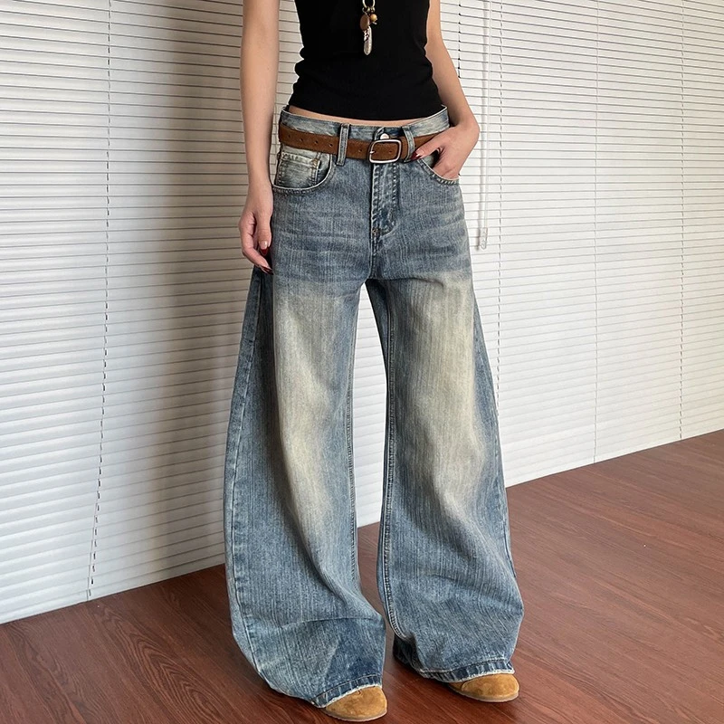 2025新款美式水洗竹节纹弯刀牛仔裤女高级感复古宽松廓形长裤子