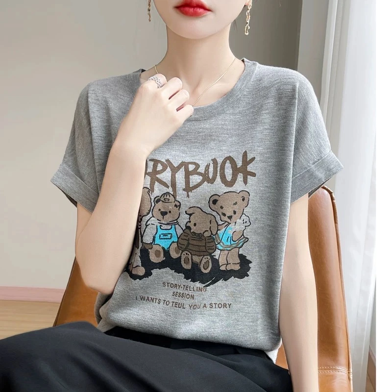 夏季新款卡通印花圆领薄款针织减龄短袖宽松休闲百搭时尚T恤上衣