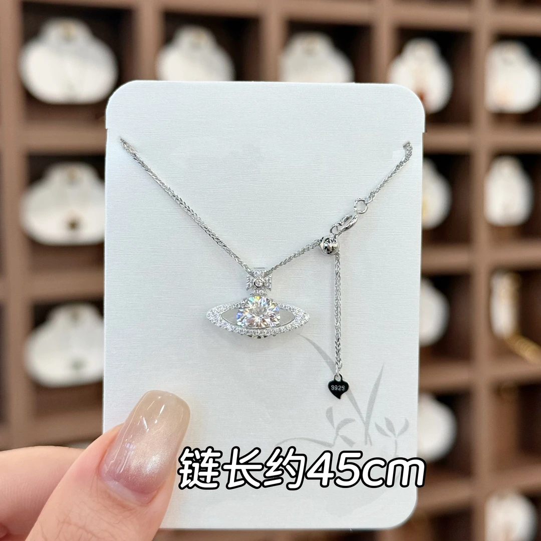 坠链均925银莫桑石 XL-443纯银莫桑钻土星可抽拉锁骨链
