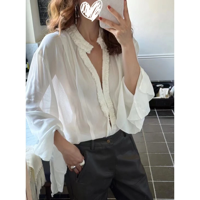 2025早秋季款法式宽松设计感木耳花边V领长袖衬衫女百搭衬衣00762