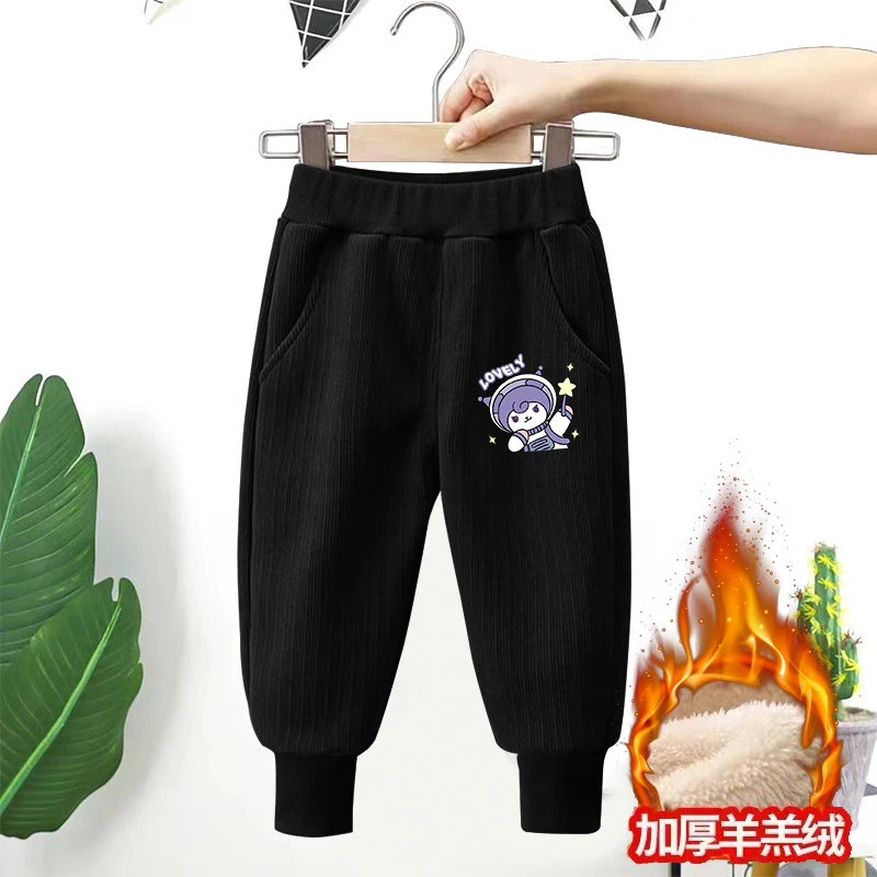 女童秋冬季新款灯芯绒卡通印花加绒口袋裤儿童休闲百搭束脚裤童装