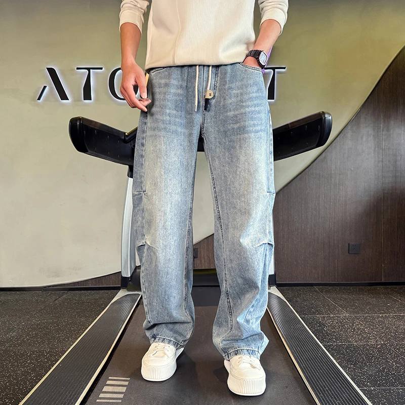 春夏复古薄款水洗做旧牛仔裤长裤高街褶皱垂感阔腿弯刀裤潮流百搭