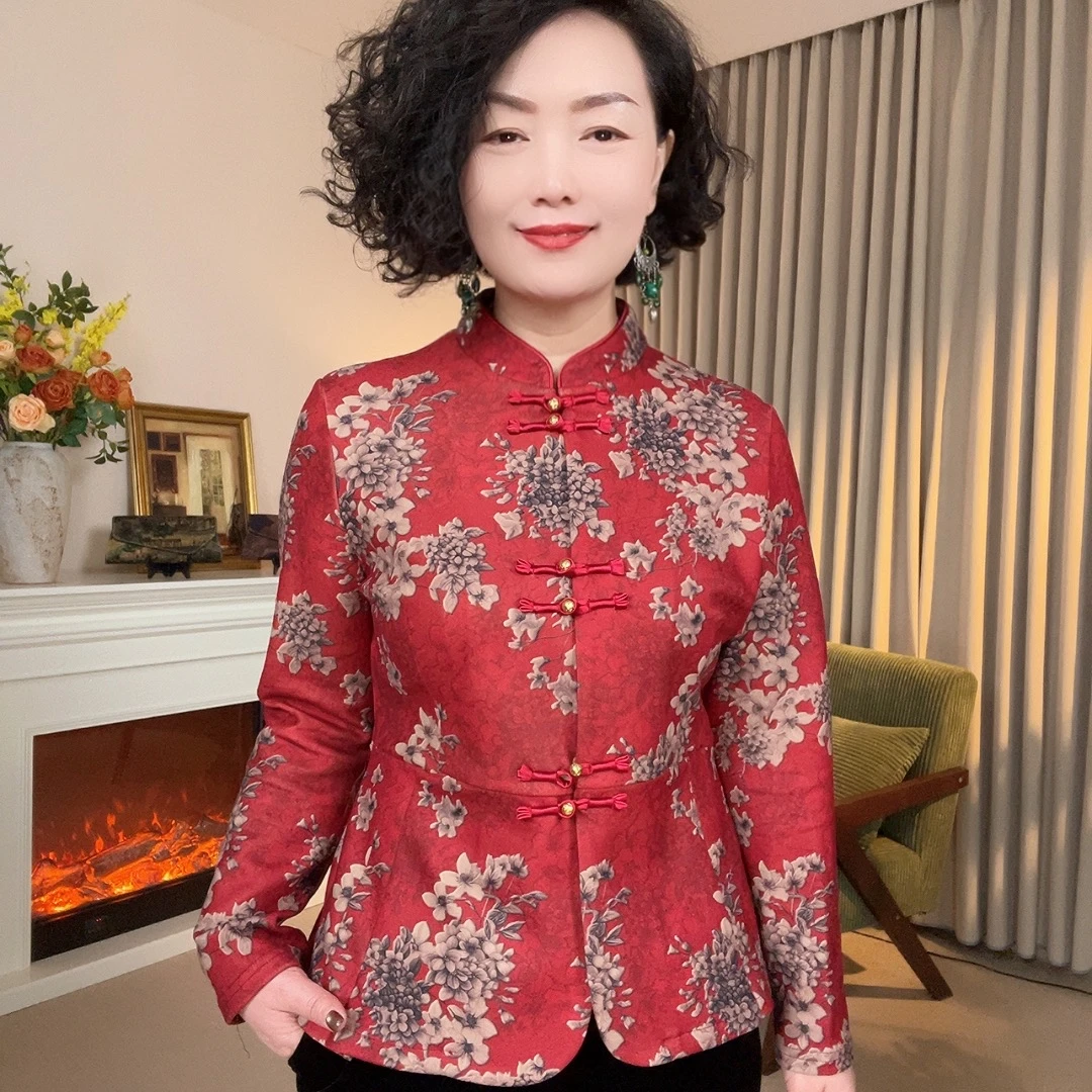 【浅雪山茶】加绒红色气质中式复古加厚新年中国风长袖妈妈装奶奶装