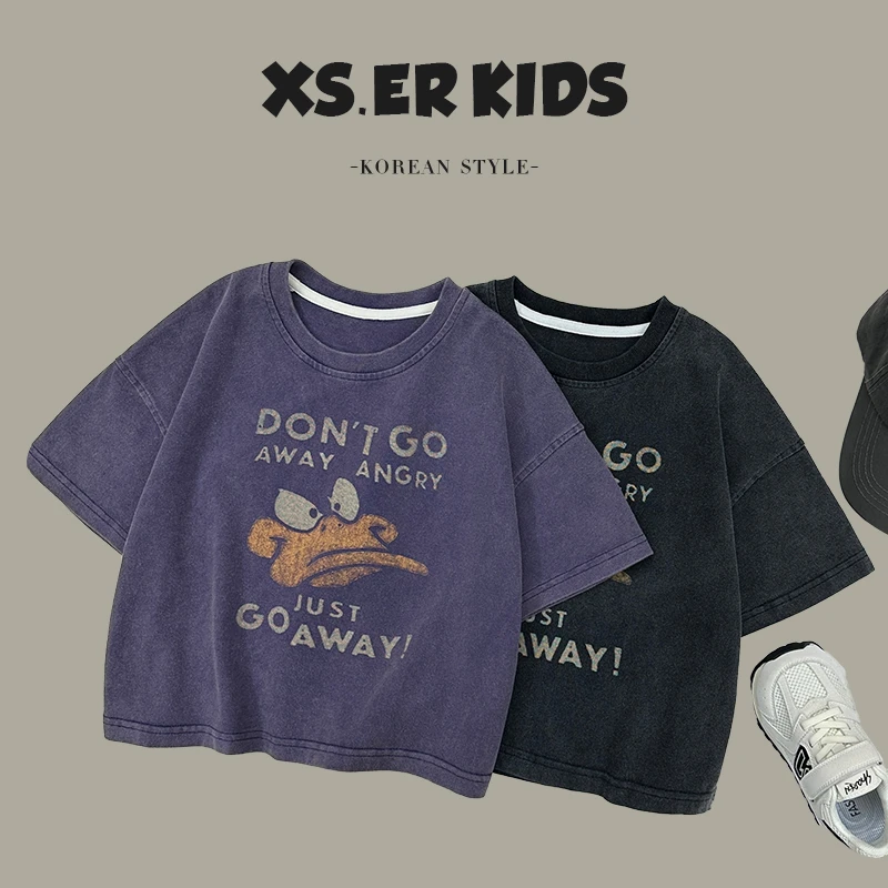 现货-【兔小呗】夏儿童时尚休闲日常多色重磅砂洗纯棉T恤hbb3667