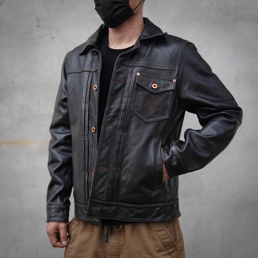 男士休闲牛仔506茶芯色牛皮翻领春秋真皮帅气