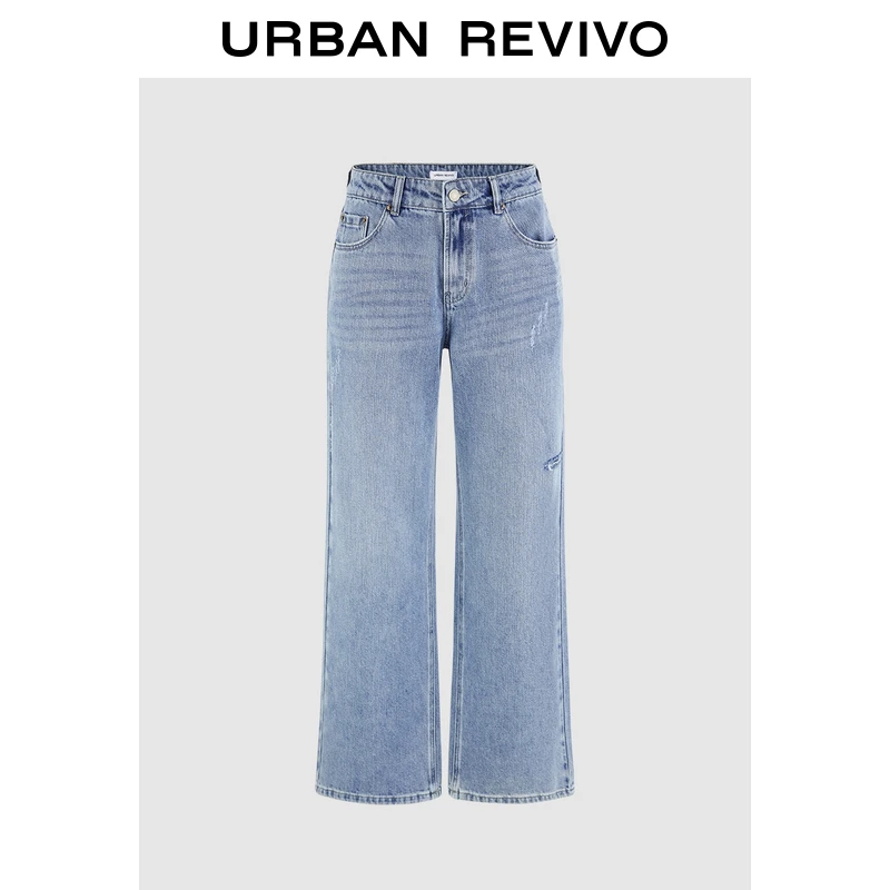 UR2025秋季新款女装复古水洗磨破阔腿牛仔长裤UYY850058