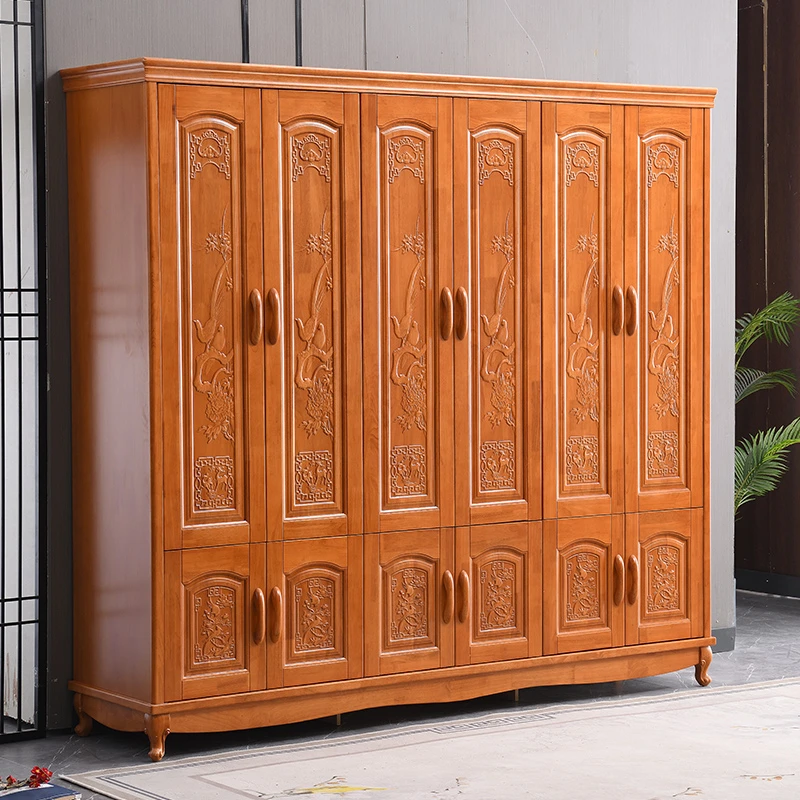 新中式实木衣柜家用卧室大容量储物柜农村老式雕花柜六门平开衣橱