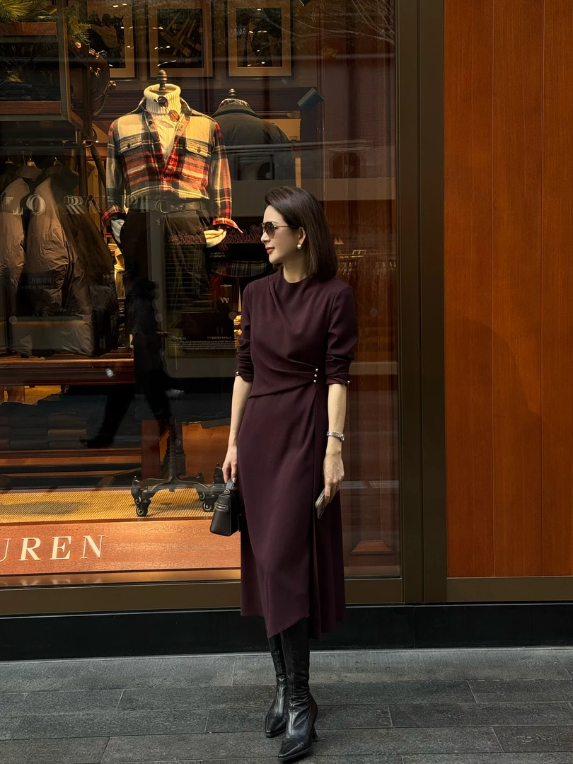 ANGELIAORIGINAL知性女主 羊毛褶皱长袖气质秋冬显瘦连衣裙#006