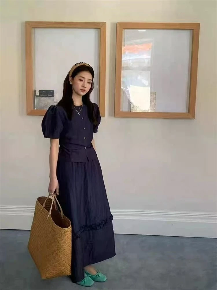 休闲风时尚套装连衣裙收腰女装拼接泡泡袖百搭法式7895