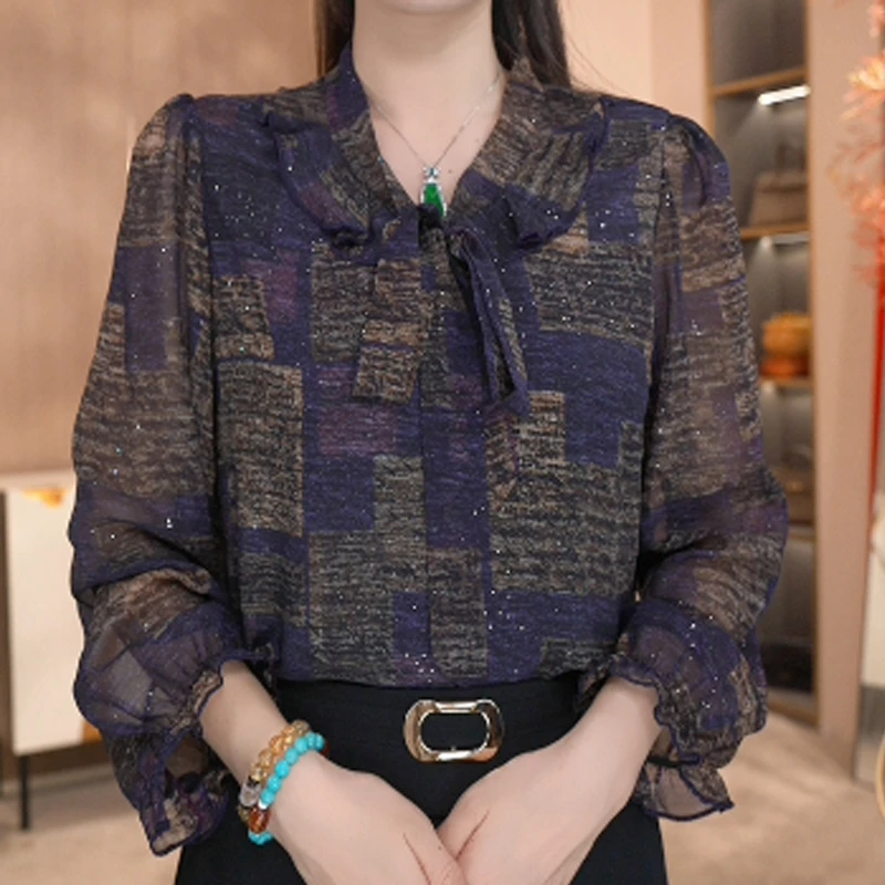 CYM1712时尚印花V领套头衬衫女2025春夏季新款宽松衬衣