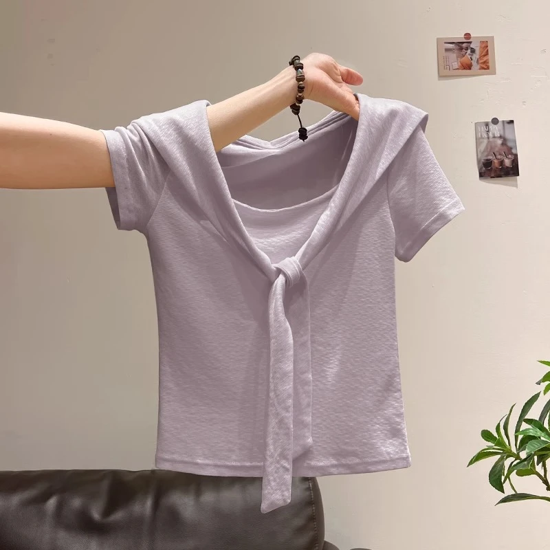 紫色纯欲假两件U领披肩短袖T恤女夏季2025新款小众设计感修身上衣