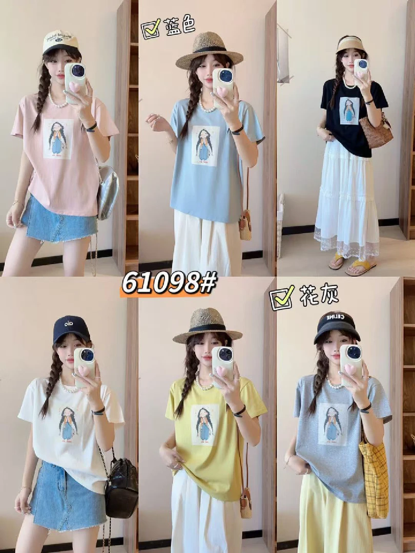美美推荐61098夏季新款圆领短袖T恤麻花女孩印花薄款雪花棉