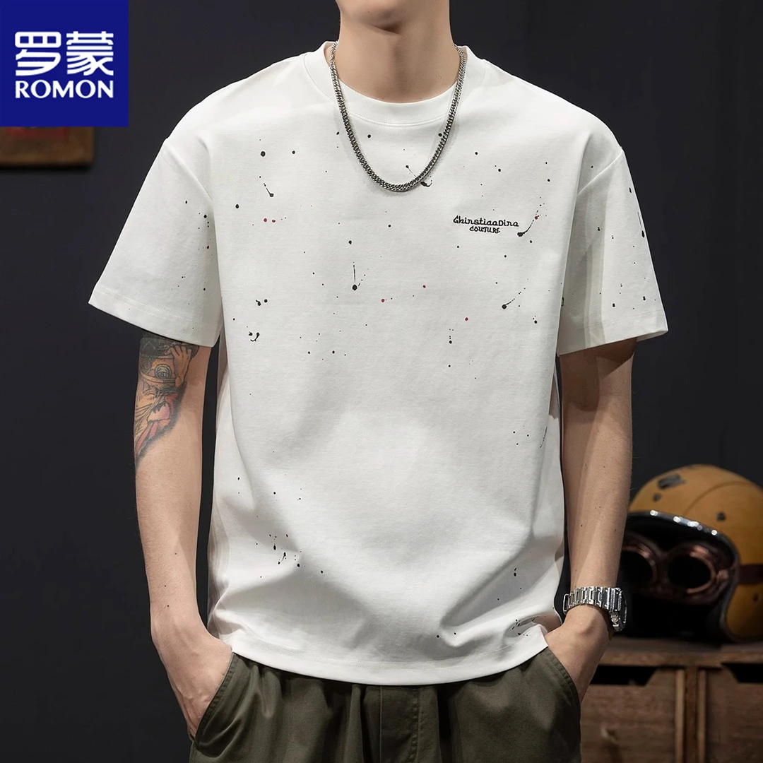 罗蒙美式泼墨印花短袖T恤男士夏季白搭新款潮流休闲百搭半袖上衣
