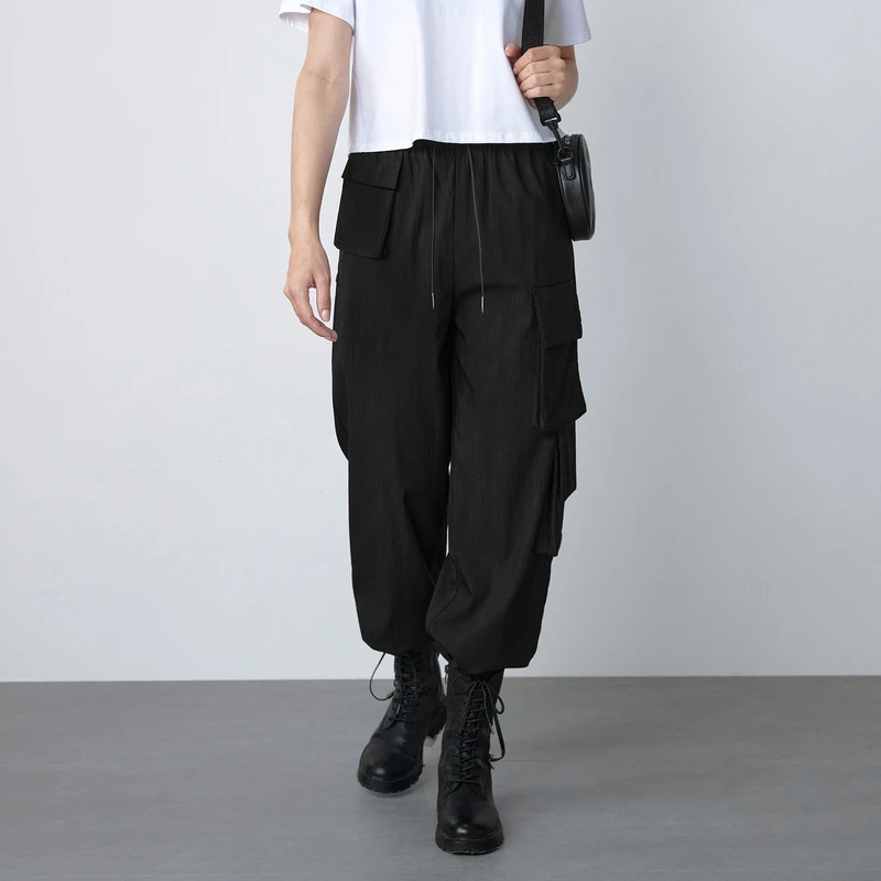 sdeer圣迪奥女装百搭休闲抽绳松紧立体口袋工装阔腿长裤S22160802