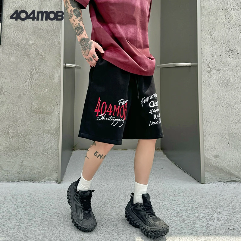 404MOB美式潮牌复古运动篮球短裤男夏高街刺绣宽松vibe休闲五分裤