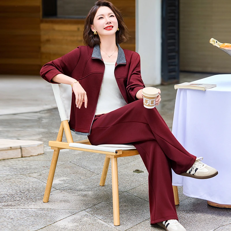 中年妈妈装春秋款连帽卫衣外套阔腿裤两件套中老年女休闲运动套装