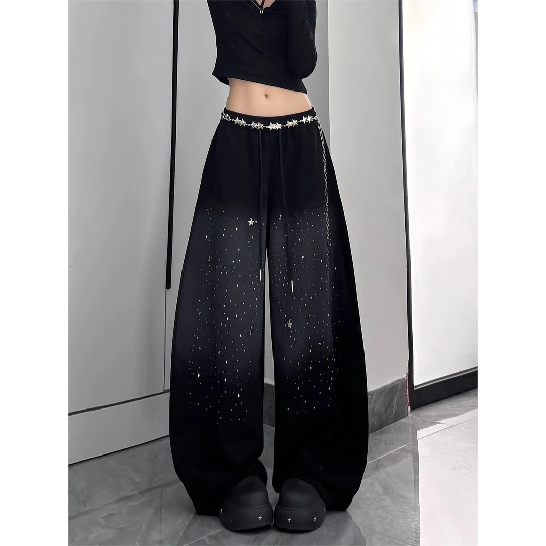 胖mm美式vibe烫钻星空渐变弯刀牛仔裤大码新款街舞嘻哈爵士舞裤子