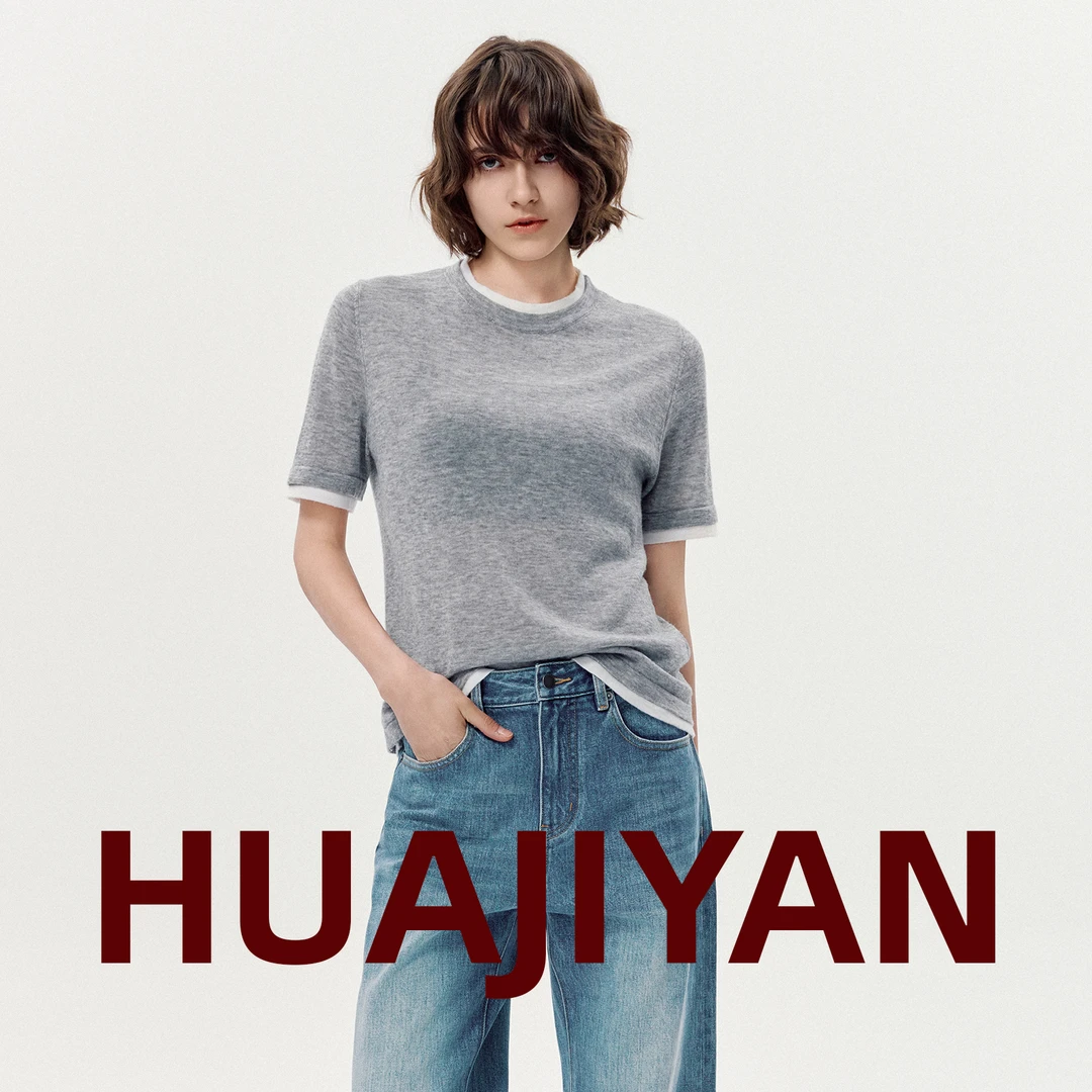 华吉言/HUAJIYAN【灰阶】全羊毛撞色设计假两件圆领短袖