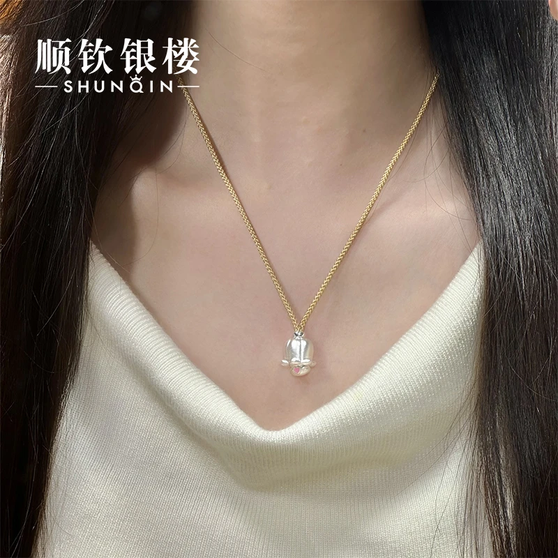 顺钦银楼 吊坠足银布 【铃兰小猫套链】足银999铃兰设计感秋冬套链