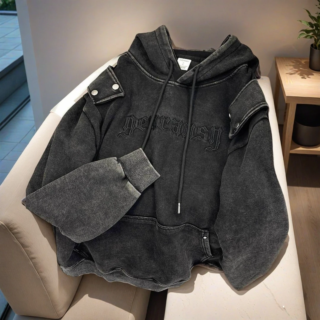 原宿风水洗做旧宽松加绒美式复古高街刺绣大码卫衣男女款连帽外套