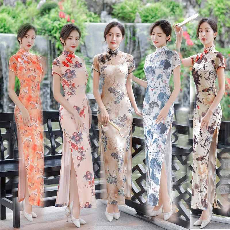 2024夏季新款长款旗袍裙双层大码复古改良修身旗袍日常旗袍连衣裙