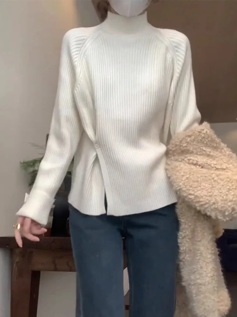 慵懒半高领白色毛衣女秋冬季2025新款大衣内搭打底针织衫上衣