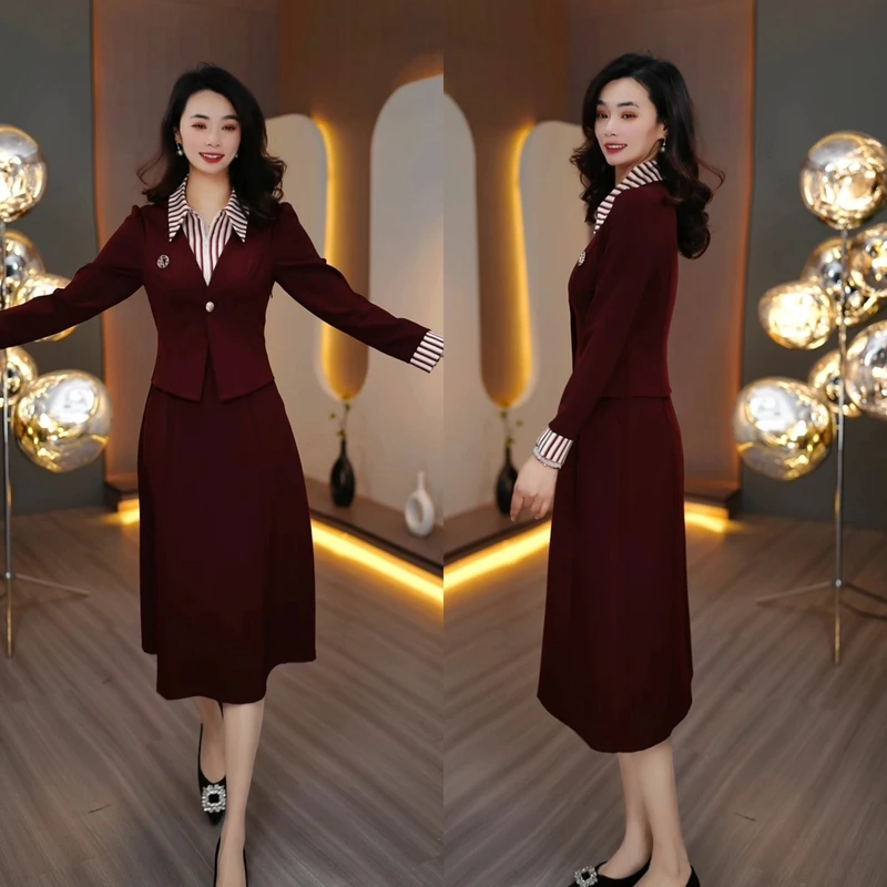 2025年红色衬衣领连衣裙假两件长袖时尚收腰修身名媛春秋女神范