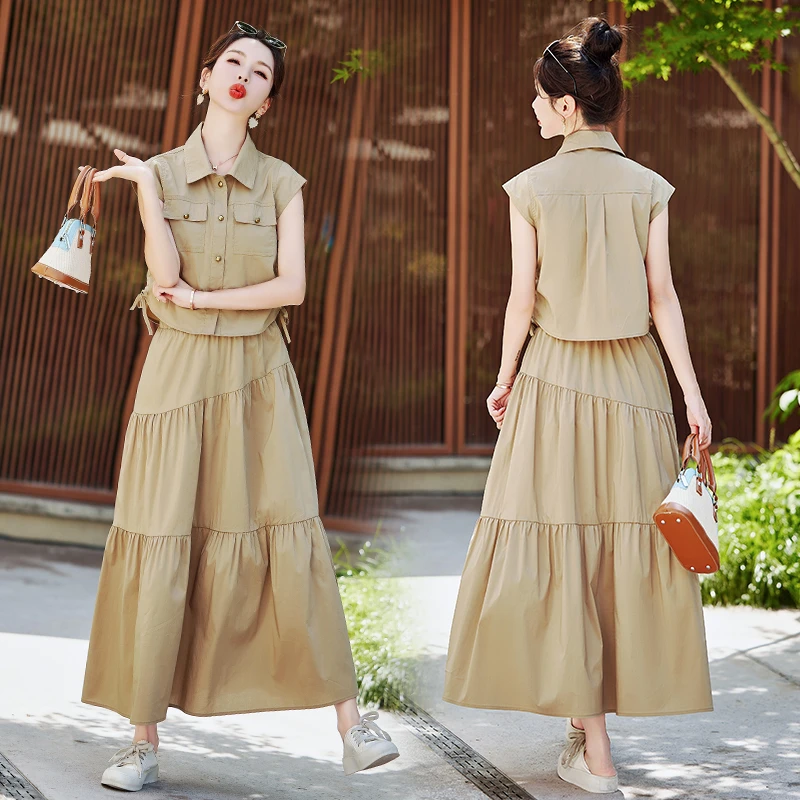 休闲洋气短袖衬衫半裙套装2025夏季新款百搭宽松显瘦套装