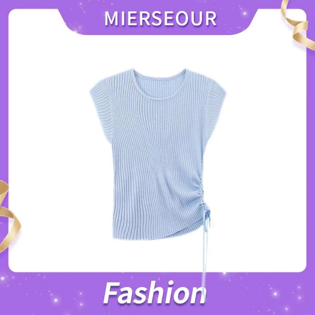 【云梦岛】简约竖坑条抽绳设计修身针织短袖1257