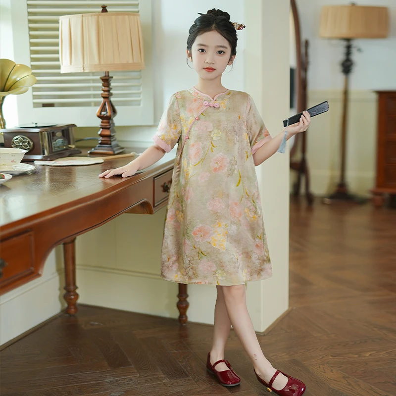 82185M儿童新中式国风旗袍裙2025夏季新款女童汉服百搭古风连衣裙