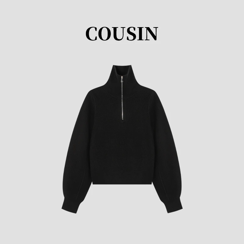 新款小众设计半拉连高领简约修身套头毛衣 2006