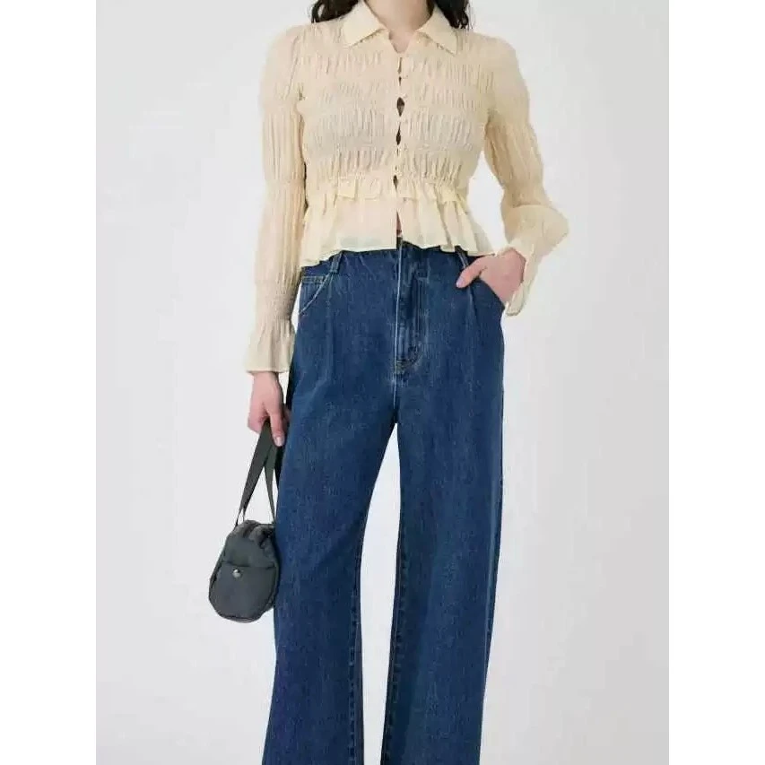 A202  猫西  设计感褶皱翻领纯色纯棉碎花收腰衬衫