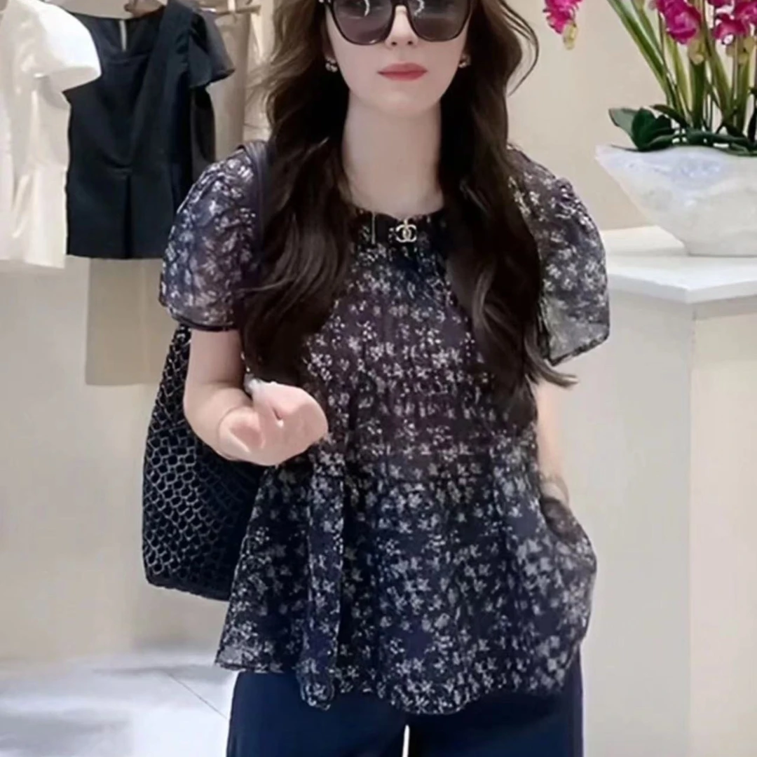 复古法式碎花短袖衬衫女夏季别致漂亮小衫修身显瘦设计感圆领上衣
