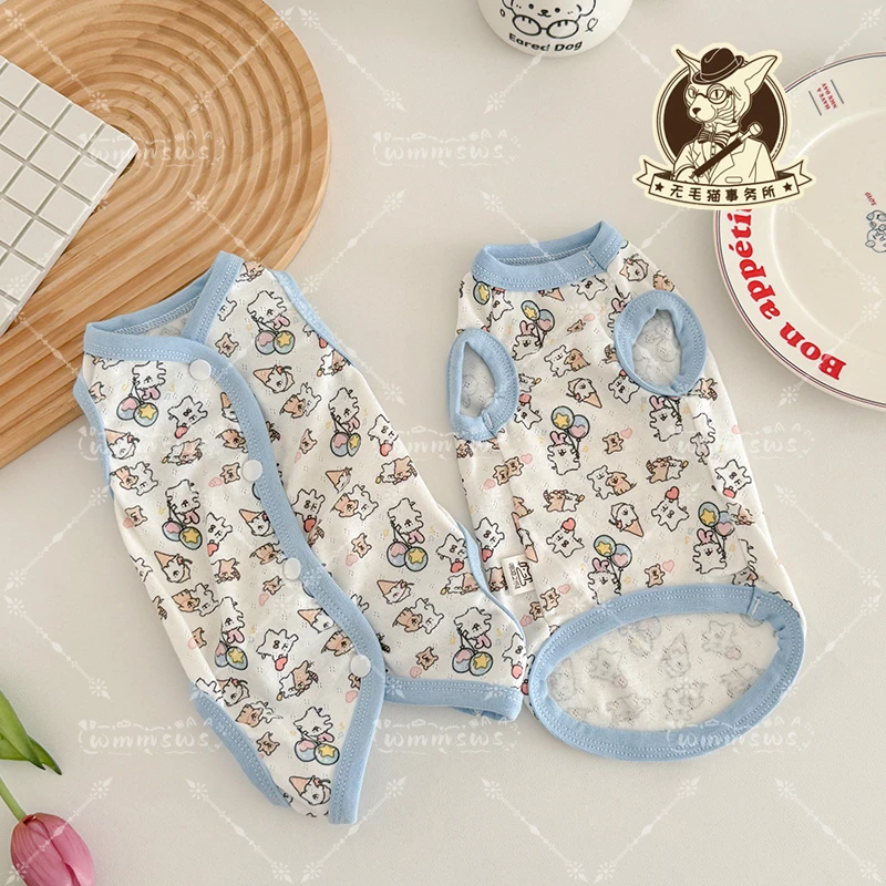 25夏季德文宠物猫衣服无毛猫纯棉网眼透气高弹轻薄短袖背心四脚衣