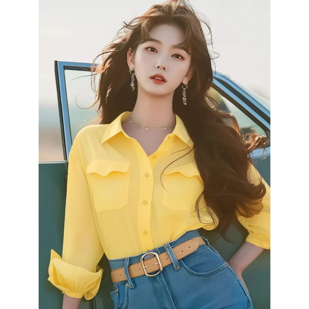 多巴胺黄色翻领正肩修身衬衫衬衣女春秋新款独特漂亮小衫法式衬衫