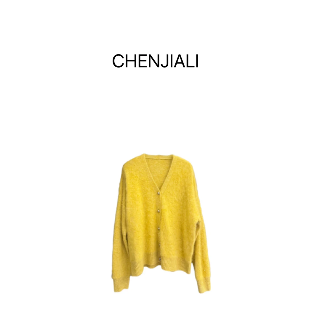 CHENJIALI 绒绒开衫 绵羊毛拉绒V领毛衣单排韩版宽松软糯外套上衣