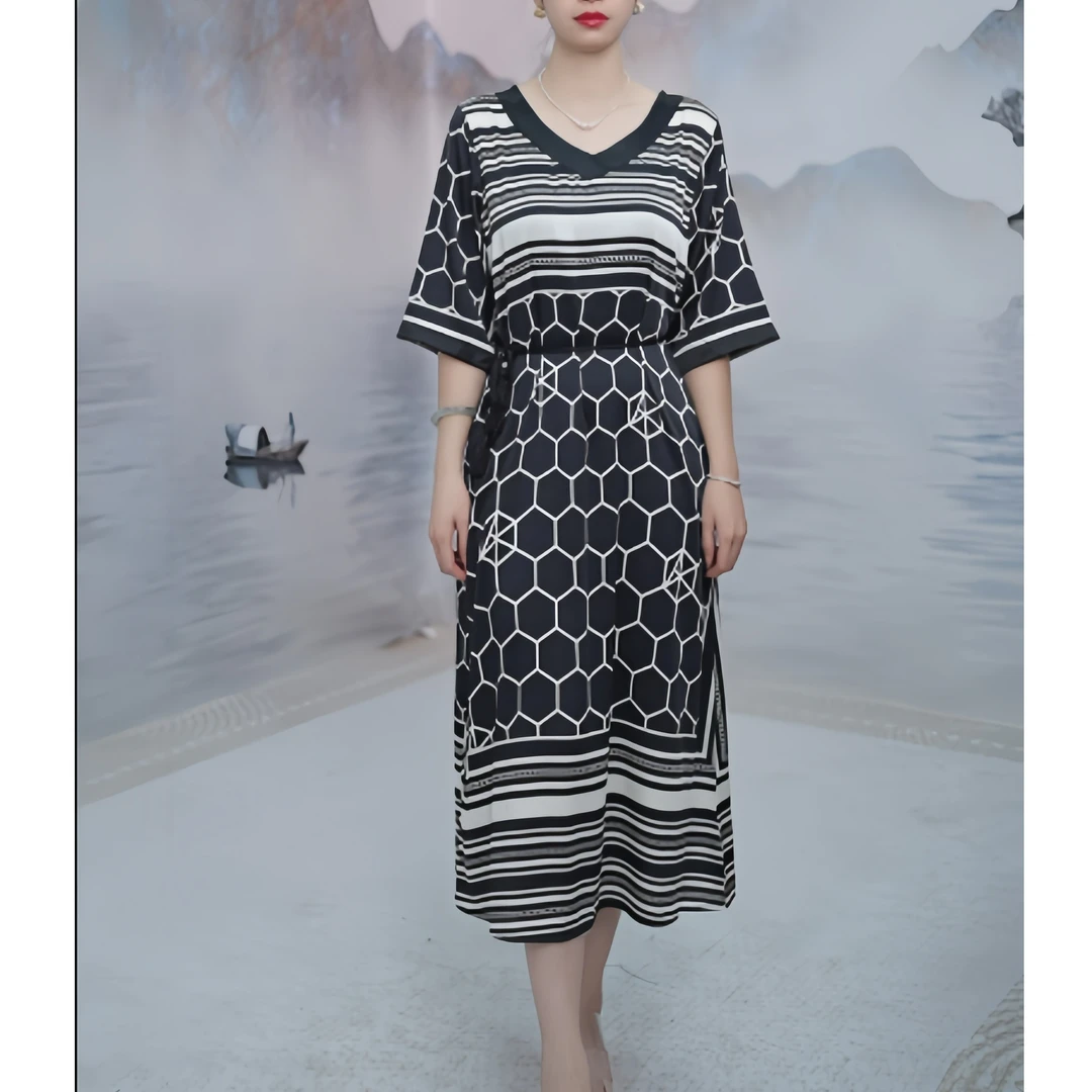 2505   夏季高端气质V领高级感印花时尚显瘦女装连衣裙