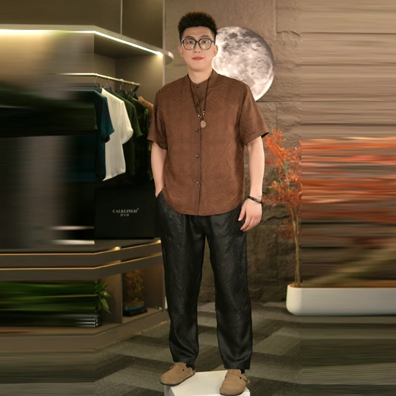 【孤品清仓款】非遗香云纱提花桑波段男士立领衬衫套装双面穿