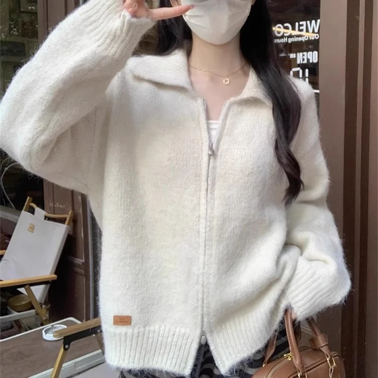 春秋新款拉链开衫翻领针织外套女加厚慵懒风宽松毛衣保暖POLO上衣