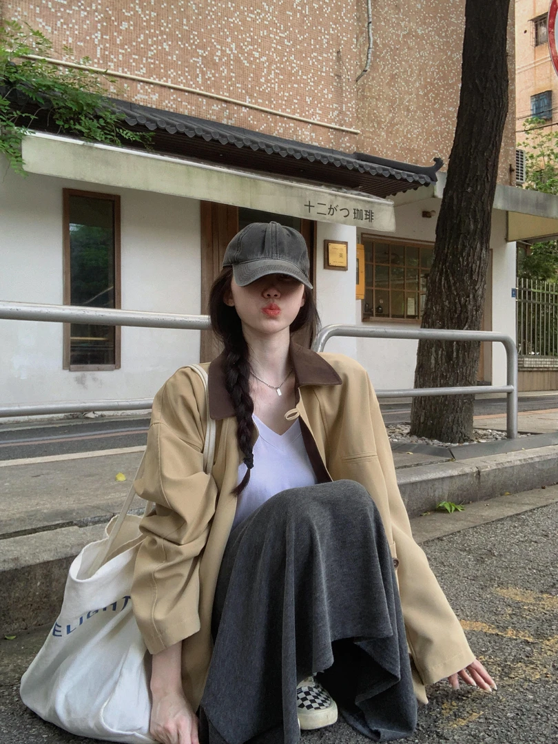 2025秋季新款设计感撞色风衣外套女韩版宽松休闲上衣百搭半身裙