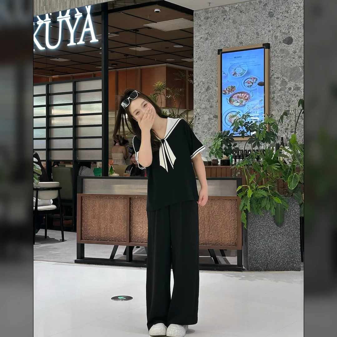 楠序魏魏【轻云之下】撞色海军领正肩短袖T恤显瘦阔腿裤套装NX13334