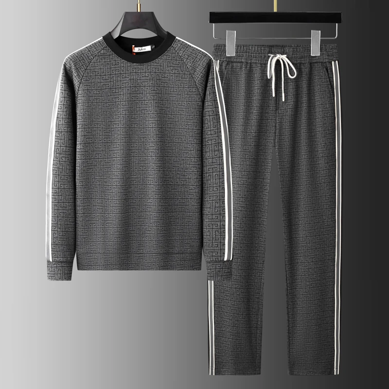 圆领套头两件套男士秋季高端时尚印花拼接撞色长袖运动休闲套装潮