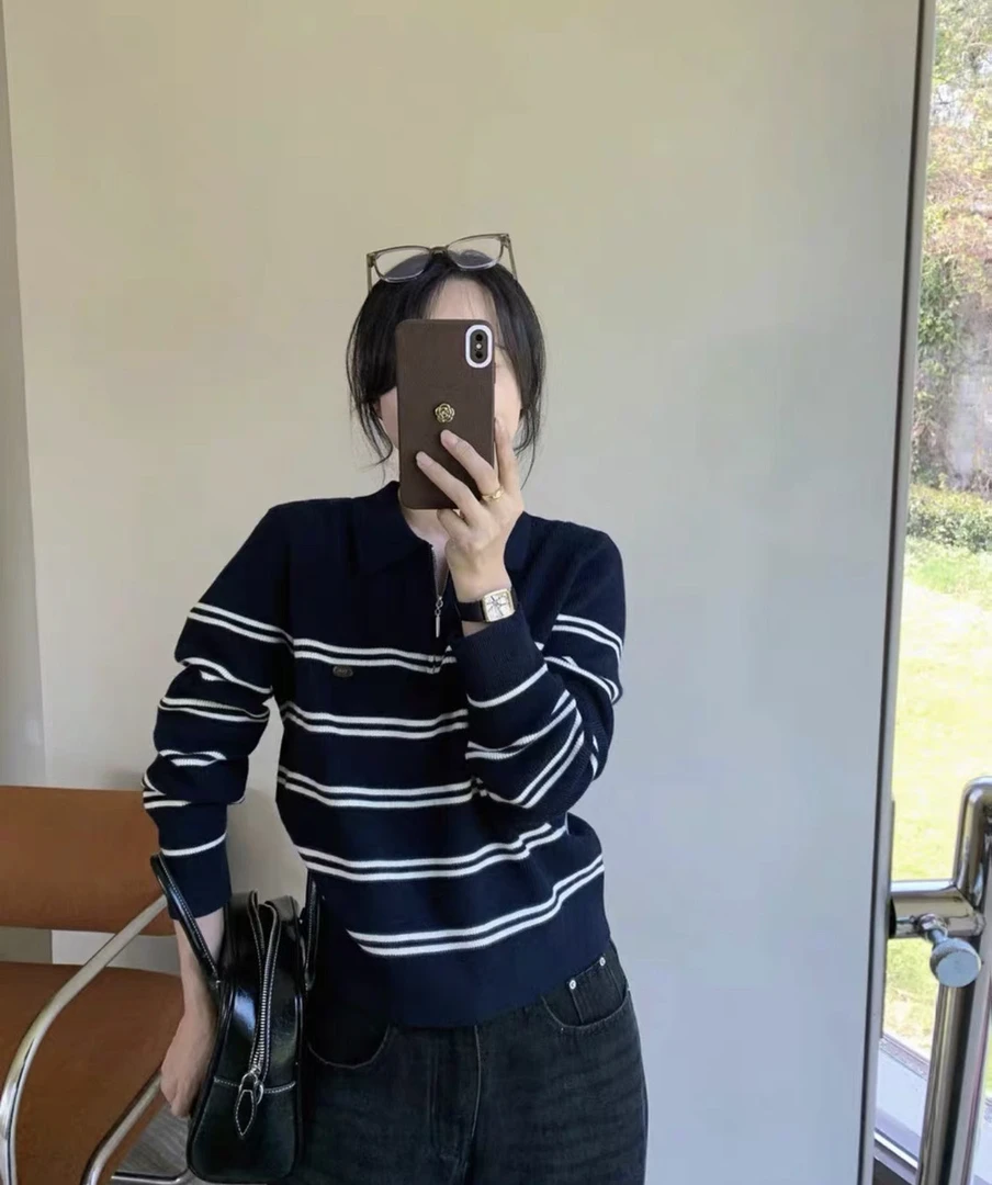 2025春季穿搭【蛋家 条纹】半拉链Polo羊毛衫- 6212